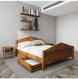 Resim Milano Model İki Çekmeceli Ceviz Renk Çam Ahşap Karyola Ve İki Komodin Set-182 180 x 200 CM 
