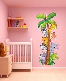 Resim Sevimli Safari Hayvanlar Temalı Boy Ölçer Çocuk Odası Duvar Sticker Seti - 50x110 cm / Renkli / Boy Ölçer 