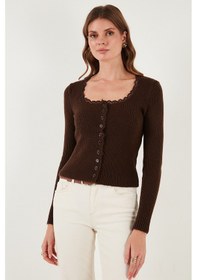 Resim Lela Premium Slim Fit Dantel Detaylı Yaka Örme Bayan Hırka 680Hi00061 Kahve 