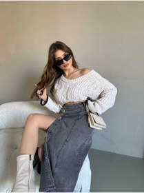 Resim Swet Shop Jeans Kadın Önü Düğmeli Uzun Boy Siyah Kar Yıkama Antrasit Renk Likralı Kot Etek 