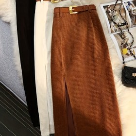 Resim Kadınlar İçin Siyah Kayısı Haki Üç Parçalı Kalın Düz Renk Yırtmaçlı Şık Günlük Uzun Etek Takımı 