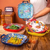 Resim 9 İnç Bohem Tarzı Seramik Salata Kasesi Saplı - Canlı Çiçek & Geometrik Desenler, Fırın & Mikrodalga Güvenli, Pişirme, Pasta veya Salata Servisi için Mükemmel, Salata Servis Kasesi | Canlı Desenli Tabaklar | Seramik Pişirme Eşyaları 