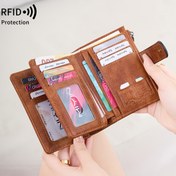 Resim RFID Anti-Hırsızlık Kadın Cüzdanı Çoklu Karat Fermuarlı Cüzdan, Retro Çok Fonksiyonlu Kısa Cüzdan, Düz Renk Kısa Cüzdan, Taşınabilir Bifold Madeni Para Cüzdanı, Kadın Kredi Kartı Tutucu 