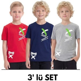 Resim Panios Kids 3'lü White Yazı Baskılı Yuvarlak Yaka Kısa Kollu Erkek Çocuk Yazlık Tişört Kırmızı - Lacivert 