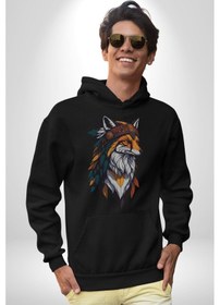 Resim Kızılderili Tilki Kadın Erkek Siyah Kapüşonlu Sweatshirt Hoodie Siyah 