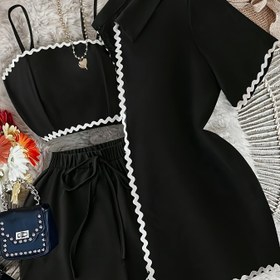 Resim Raffinéa 3 Parça Kadın Dalga Desenli Üst & Şort Takımı: Kısa Kollu Ceket, Kamisol ve Şort 