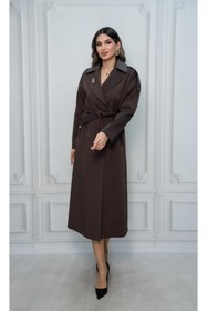 Resim Eccim Fashion Deri Detaylı Broşlu Sade Uzun Kadın Ceket Trençkot 