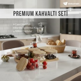 Resim Welcomein 6'lı Bambu Vakumlu Kapaklı Standlı Borosilikat Cam Kahvaltılık Seti 