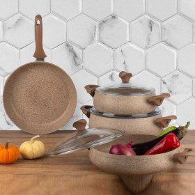 Resim Taç 3821 Mastercook Tombik Granit Güveç Tencere Seti 7 Parça Cappuccino 20 cm Derin Tencere 