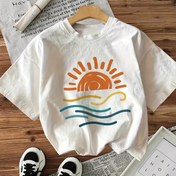 Resim Kadınlar İçin Kısa Kollu Yuvarlak Yaka Tişört - Minimalist Güneş ve Dalga Desenli, Hafif 180gsm, Rahat Kesim Yazlık ve İlkbaharlık Üst, Makinede Yıkanabilir 