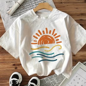 Resim Kadınlar İçin Kısa Kollu Yuvarlak Yaka Tişört - Minimalist Güneş ve Dalga Desenli, Hafif 180gsm, Rahat Kesim Yazlık ve İlkbaharlık Üst, Makinede Yıkanabilir 