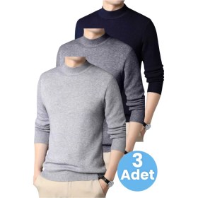 Resim Tezzgelsin 3'lü Erkek Tüylenmeyen Yarım Boğazlı Triko Kazak Yarım Balıkçı Triko Kazak Gri - Füme - Lacivert 