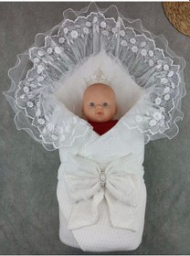 Resim Yenidoğan Kumru Soft Cotton Taç Nakışlı Trilüks Kundak Bebek Battaniyesi Ekru Ekru 