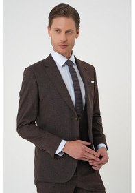 Resim Slim Fit Çift Yırtmaç Keten Karışımlı Yelekli Klasik Kahve Takım Elbise Tk 914 Kahverengi 