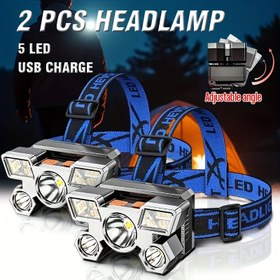 Resim 2 adet 5LED şarj edilebilir kafa lambası, mavi esnek elastik bant, ayarlanabilir açı, USB ile şarj edilebilir, dahili pil, 4 aydınlatma modu, balıkçılık, yürüyüş ve gece acil durum aydınlatması için uygun 