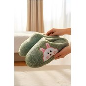 Resim Ft 101 Tavşan Nakışlı Kadın Ev Terliği Peluş Terlik Çeyiz Ve Bohça Terliği Ses Yapmaz Kalın Taban Yeşil 