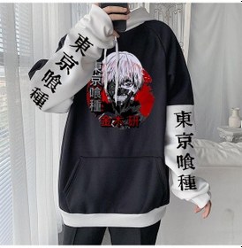 Resim Japonya Anime Tokyo Ghoul Kapşonlu Sweatshirtler Harajuku Kaneki Ken Baş Poster Karikatür Crewneck Moda Kadın Gevşek Patchwork Sweatshirtler Siyah 