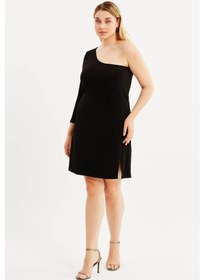 Resim Astarlı Tek Omuz Yırtmaçlı Elbise-siyah Siyah 