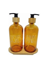 Resim 500ml Amber Cam Sıvı Sabunluk Seti, Bulaşık Ve El Sabunu İçin, Bambu Tepsili Siyah 