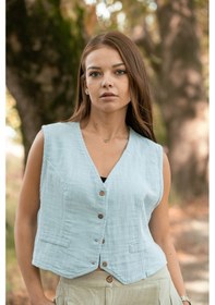 Resim Verdeblanco Düğme Detaylı Müslin Yelek Bebek Mavisi Bebek Mavi 