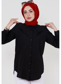 Resim Sevitli Yakası Kat Detaylı Poplin Tunik-siyah-3518-siyah Siyah 