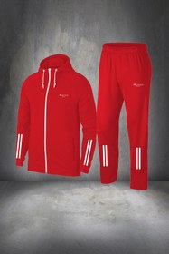 Resim Erkek Kırmızı Özel Supra Penye Nefes Alabilir Kumaş Fermuarlı Rahat Eşofman Yürüyüş Tam Set S-3xl 