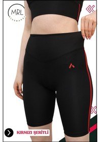 Resim Kadın Siyah Yüksek Bel Toparlayıcı Biker Şort Kısa Spor Tayt Likralı Dalgıç Biker Tights 1043 Siyah Kırmızı 