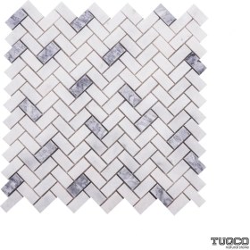 Resim Tuqco Doğaltaş Fileli Herringbone Muğla Beyazı - Gümüş Honlu Mermer Mozaik 