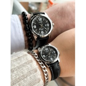 Resim Casio Marka Siyah Deri Kordon, Takvimli Sevgili Çift Kol Saatleri + Bileklik 