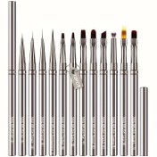 Resim 12 adet Silah-Gri Metal Tırnak Sanatı Fırça Seti, Çeşitli Başlık Şekilleri ile - Ev Manikür DIY, Başlangıç ve Profesyonel Maniküristler için Mükemmel, Kokusuz, Profesyonel Tırnak Sanatı Araçları | Şık Fırça Tasarımı | Dayanıklı Fırçalar, Tırnak Fırçaları 