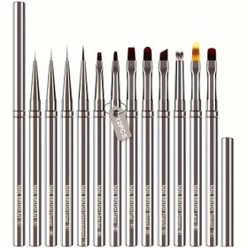 Resim 12 adet Silah-Gri Metal Tırnak Sanatı Fırça Seti, Çeşitli Başlık Şekilleri ile - Ev Manikür DIY, Başlangıç ve Profesyonel Maniküristler için Mükemmel, Kokusuz, Profesyonel Tırnak Sanatı Araçları | Şık Fırça Tasarımı | Dayanıklı Fırçalar, Tırnak Fırçaları 