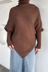 Resim Boğazlı Tesettür Triko Panço Açıkkahve TZL-P-00020201 