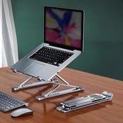Resim 1 adet Alüminyum Alaşımlı Çift Katmanlı Ayarlanabilir Stand, Taşınabilir, Çoklu Konumlu, Kararlı, Yüksek Kapasiteli, Ergonomik Tasarım ile Geliştirilmiş Görüntüleme ve Soğutma, Laptop Standı | Modern Masa Düzeni | Dayanıklı İnşaat Kalitesi, Laptop Standı 