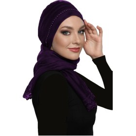Resim Elysianfidan Incili Tüllü Bağlamalı Tül Kaplamalı Dantelli Inci Işlemeli Mor Hazır Dış Bone Tesettür Abiye Mor 
