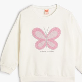 Resim Kız Bebek Kelebekli Sweatshirt Uzun Kollu Bisiklet Yaka Sim Baskılı Pamuklu Şardonlu 