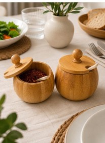 Resim 2'li Bambu Tuzluk Şekerlik Seti Kapaklı Kaşıklı Baharat Saklama Kabı 