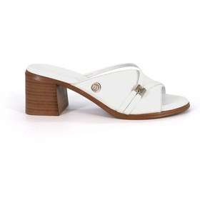 Resim Mammamia D26yt-6065 Beyaz Hakiki Deri Kalın Topuklu 6cm Kadın Trendy Terlik 