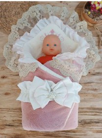 Resim Yenidoğan Wool Yün Kumaş Taç Nakışlı Güpür Duvaklı Fiyonk Prizma Taş Unisex Kundak Bebek Battaniyesi Pembe Çok Renkli 