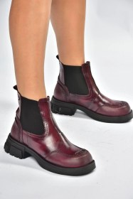 Resim Fox Shoes V312402609 Bordo Kalın Tabanlı Lastik Detaylı Kadın Bot Bordo-suni Deri 