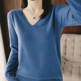 Resim İlkbahar ve Sonbahar Hafif V Yaka Moda Kadınlar İçin Tek Renkli Kazak, Deniz Mavisi Bol Kesim Çok Amaçlı Uzun Kollu Alt Katman 