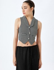 Resim Koton V Yaka Düğmeli Slim Fit Crop Triko Yelek Siyah Çizgili 5sal90013ık Siyah Çizgili Siyah 