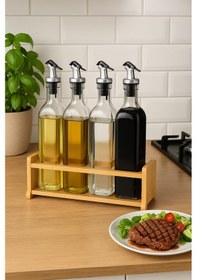Resim Cam Zeytinyağı Ve Sirke Şişesi Seti Doğa Ahşap Tutucu 250ml Sızdırmaz Kapaklı Sos Yağdanlık Set Standlı 4'lü Set Ahşap 