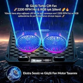 Resim Odin Rgb Işıklı Gaming 2200RPM Çift Fan LED Display Laptop Notebook Soğutucu Stand 