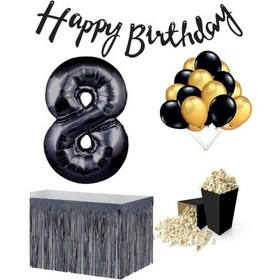 Resim 8 Yaş Siyah Balon Rakam Folyo Banner Mısır Kutusu Masa Eteği Do 