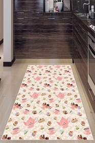 Resim Pelangi Pembe Çaydanlık Fincan Cupcake Desenli Yıkanabilir Kaymaz Taban Leke Tutmaz Modern Mutfak Halısı, Pembe 60 x 200 