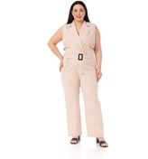 Resim Büyük Beden Kruvaze Beli Lastikli Fermuar Kapamalı Kemerli Bej Rengi Tulum-bej Bej 