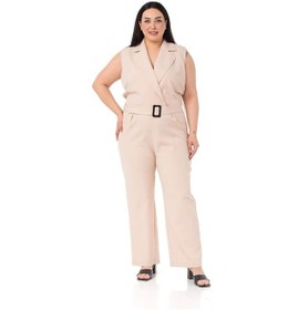 Resim Büyük Beden Kruvaze Beli Lastikli Fermuar Kapamalı Kemerli Bej Rengi Tulum-bej Bej 