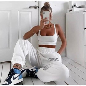 Resim Feelings Eşofman Altı Jogger - Beyaz Baskılı Lastik Paça Yüksek Bel Beyaz-3896 