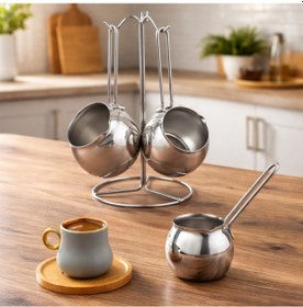 Resim Oms 7032 Çelik Tombik 4lü Cezve Takımı Silver 200-300-450 Ml 
