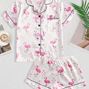 Resim Kadife Renkli Pembe Turna Baskılı Çift Kısa Pijama Takımı 